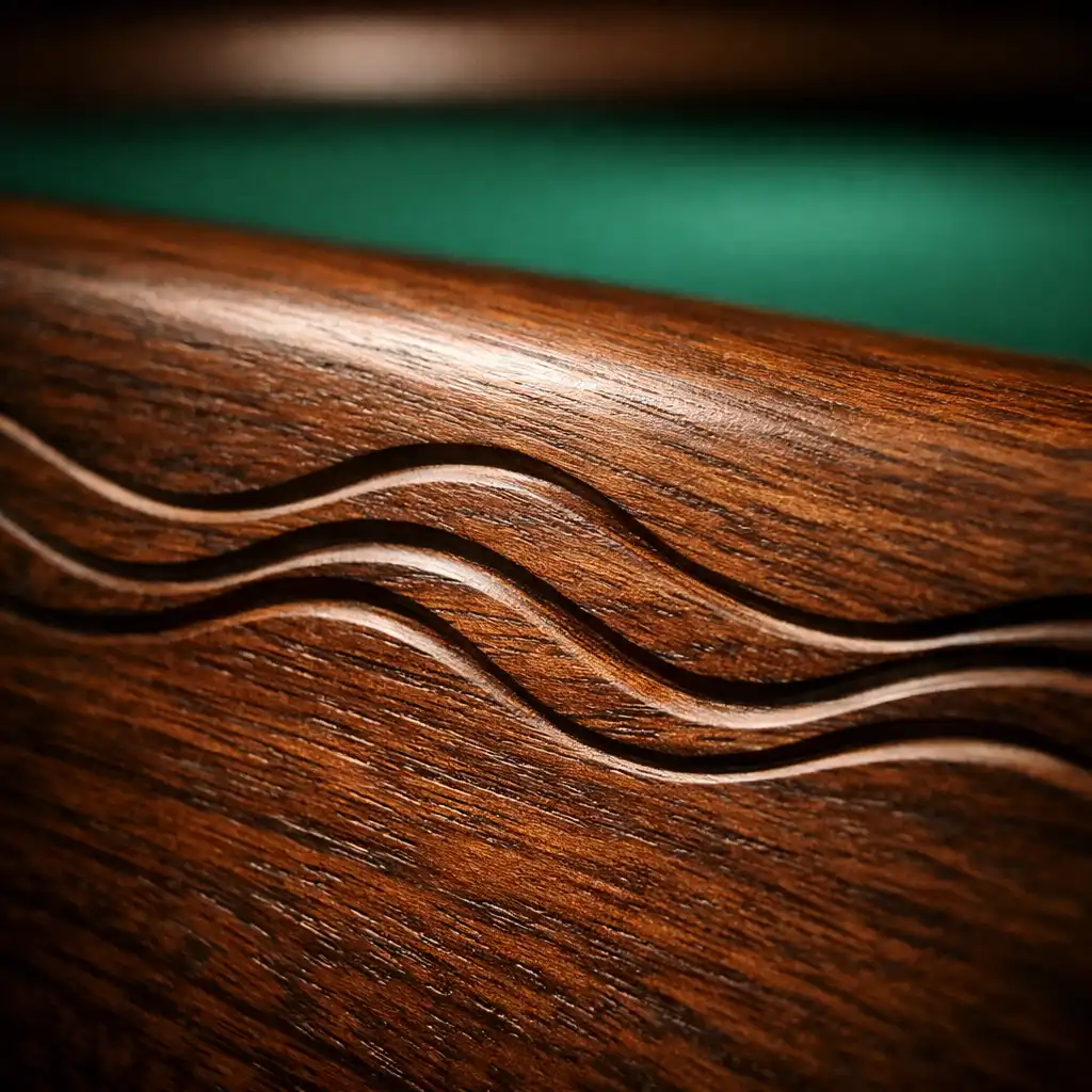 Macro detail of dark teak wood grain with a subtle carved wave pattern in the Card Lounge