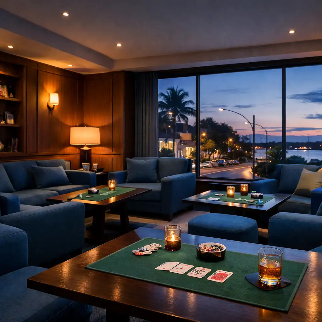 Interior of the Card Lounge at Poker Dellballina with dark teak panelling, ocean-blue seating, and warm evening lighting