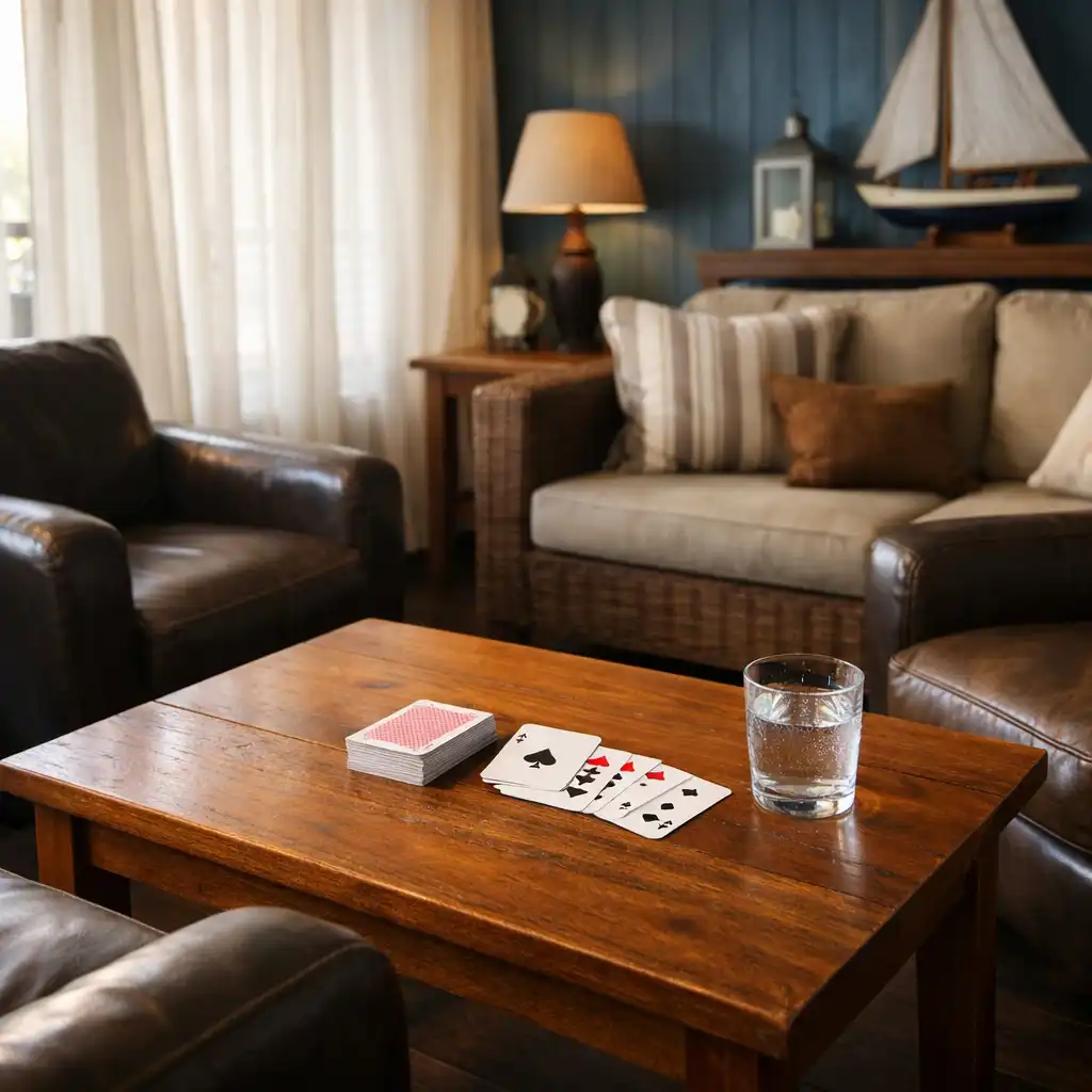 Comfortable ocean-blue sofa in the Card Lounge with a side table holding playing cards and a cup of coffee