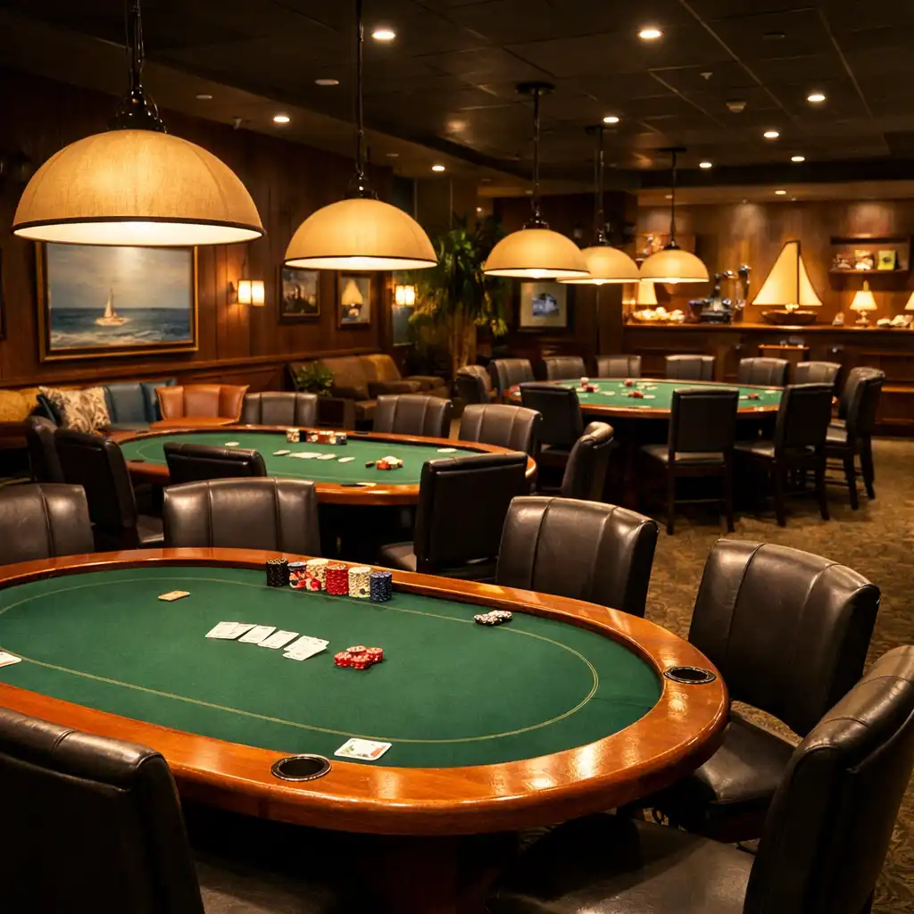 Wide view of multiple poker tables arranged in the card lounge with warm pendant lighting