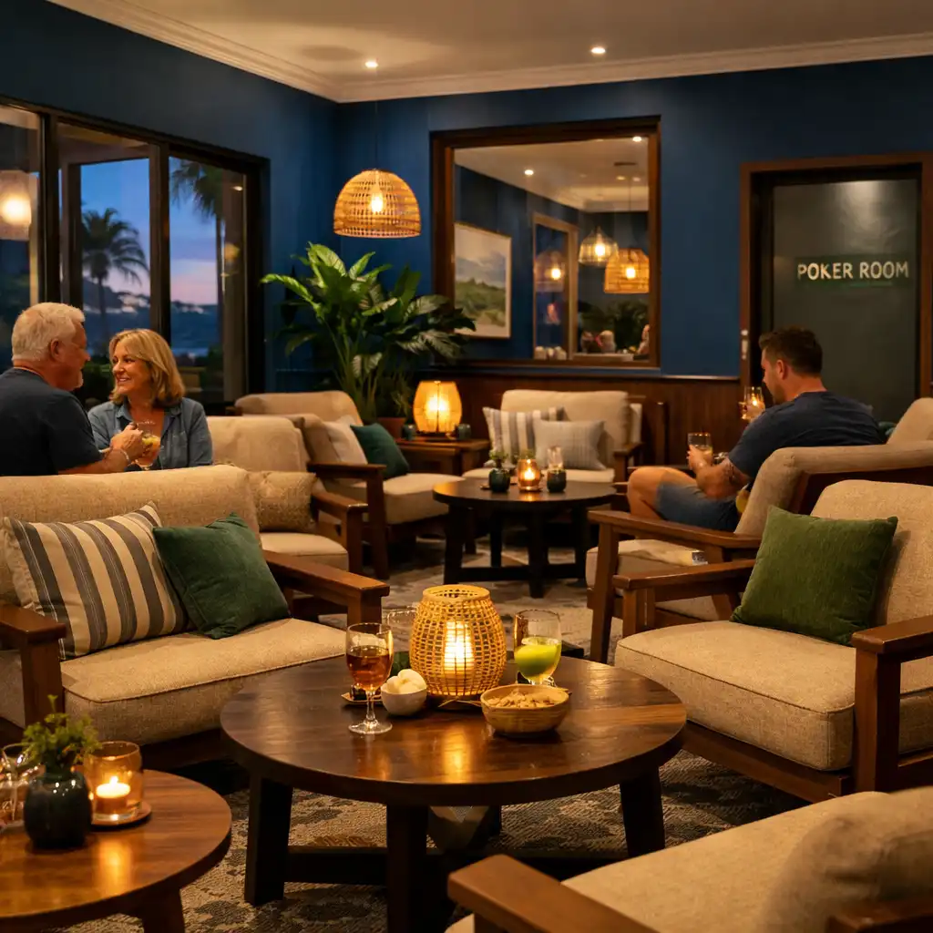 The card lounge at Poker Dellballina with comfortable seating, dark teak accents, and soft evening light