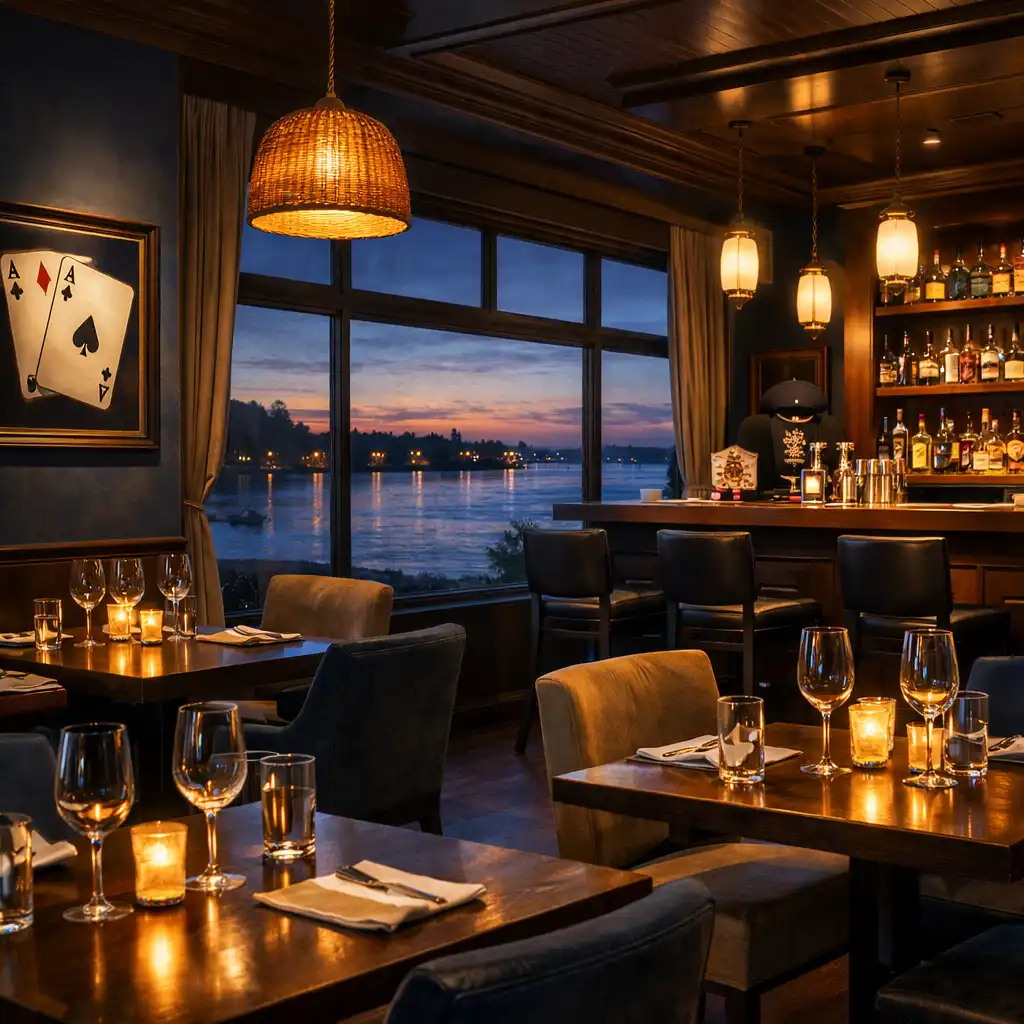 Interior of the coastal restaurant dining room with dark timber tables, pendant lighting, and a view of the Ballina river at dusk