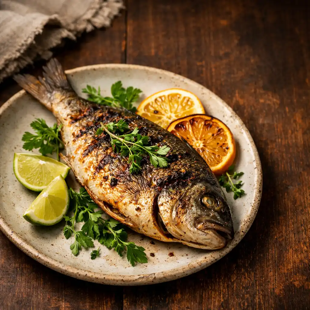 Grilled whole fish with char marks, fresh herbs, and citrus slices on a dark wooden table