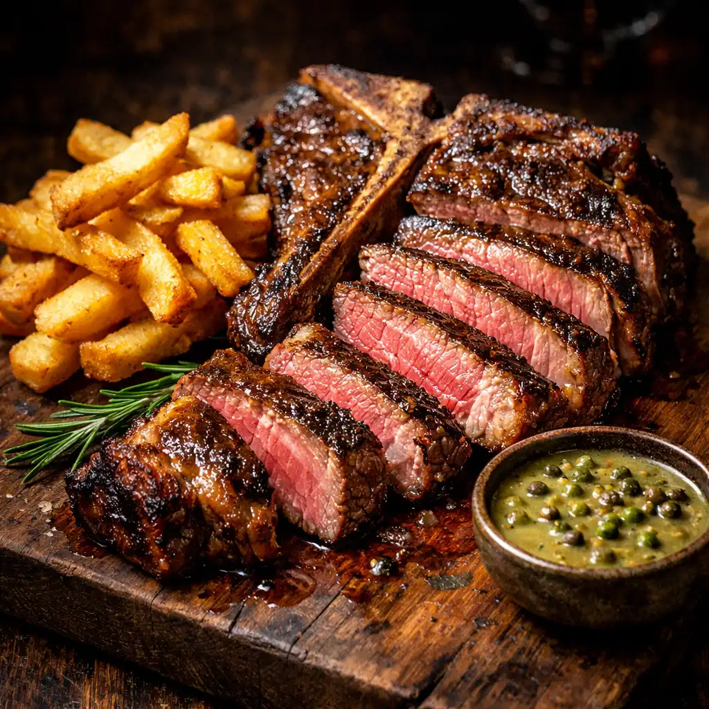 Sliced porterhouse steak with a pink centre, hand-cut chips, and green peppercorn sauce on a wooden board