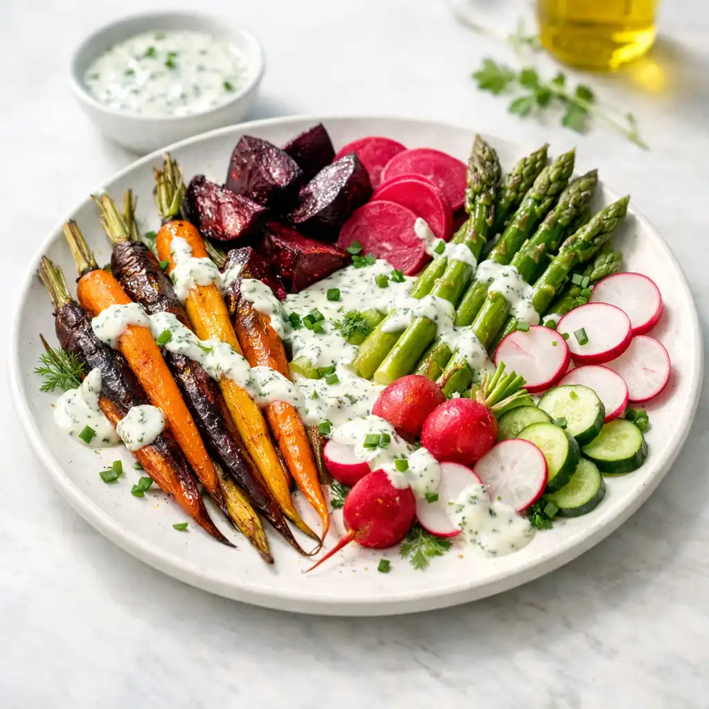 Colourful plate of roasted and raw seasonal vegetables with a herbed yoghurt dressing