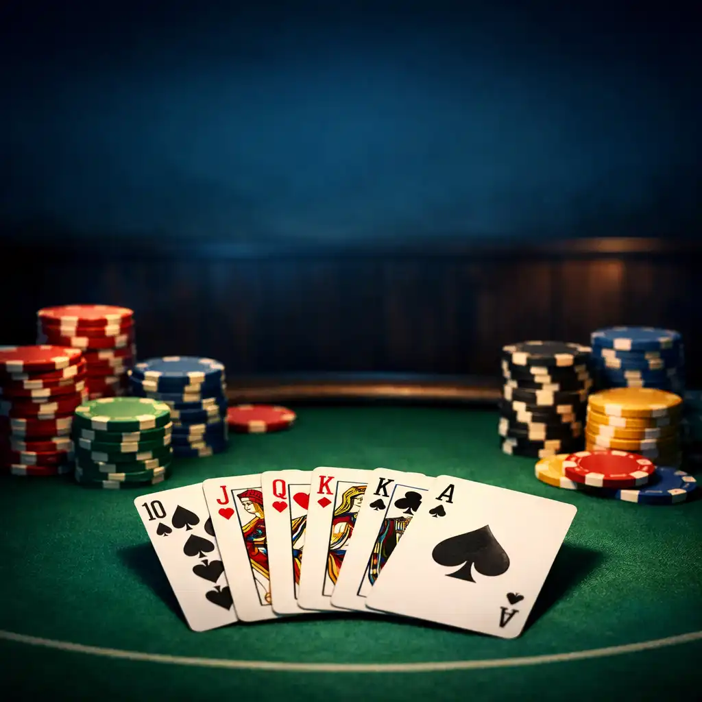 A close-up of a professional poker table with green felt, playing cards, and stacks of chips in a dark, moody card room