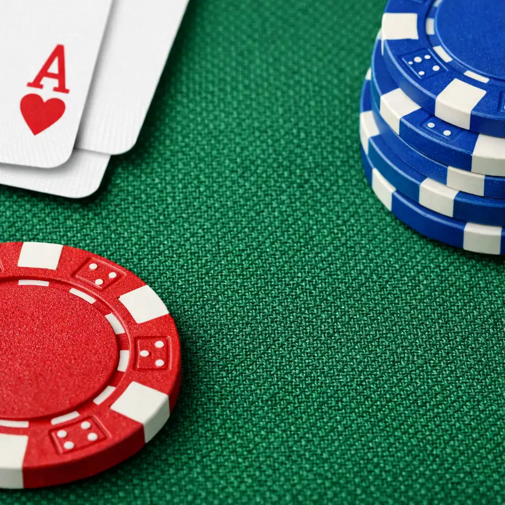 Macro photograph of poker table felt showing fine weave with playing cards and chips