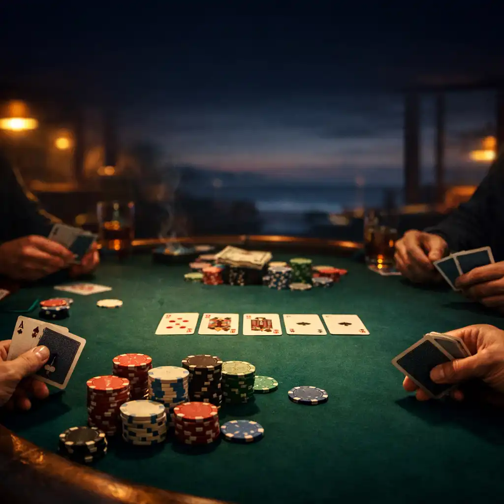 Poker players seated around a green felt table, holding cards and chips during a live poker night at Poker Dellballina