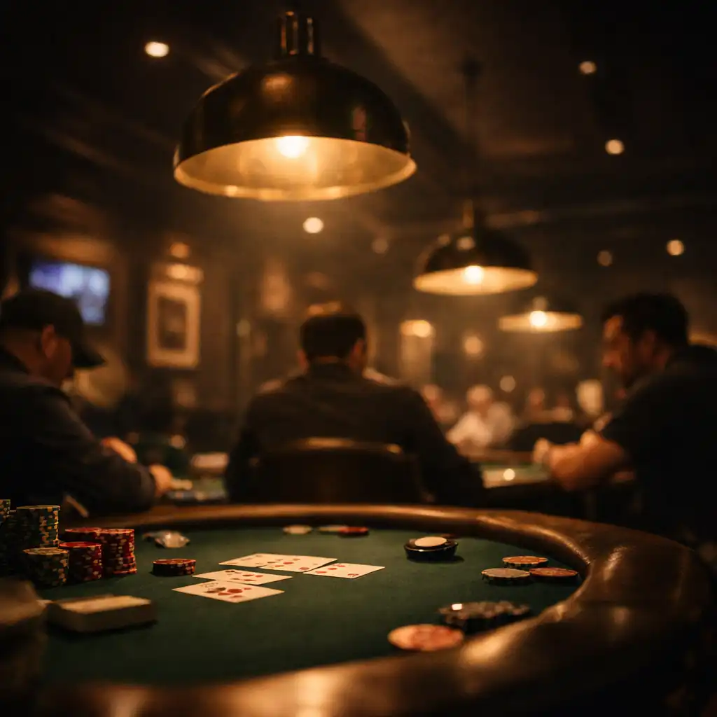 Evening view of the poker room with tables set up under warm ambient lighting and players seated