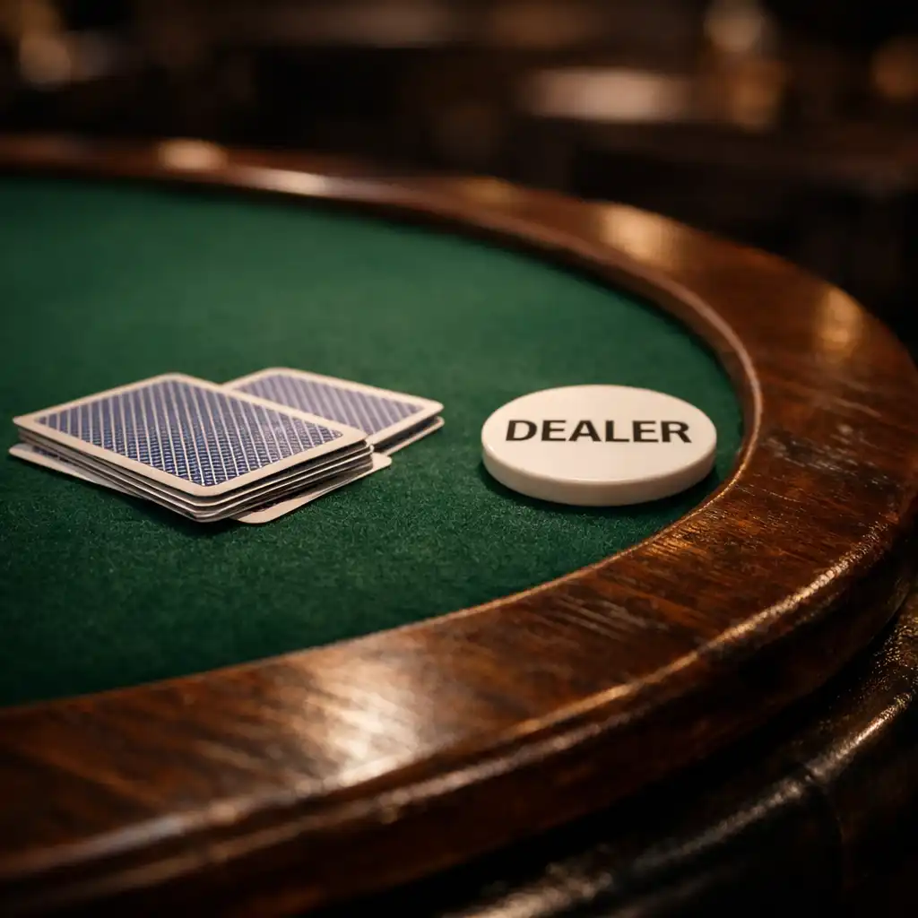 Close-up of a poker table edge showing dark teak wood, green felt, face-down cards, and a dealer button