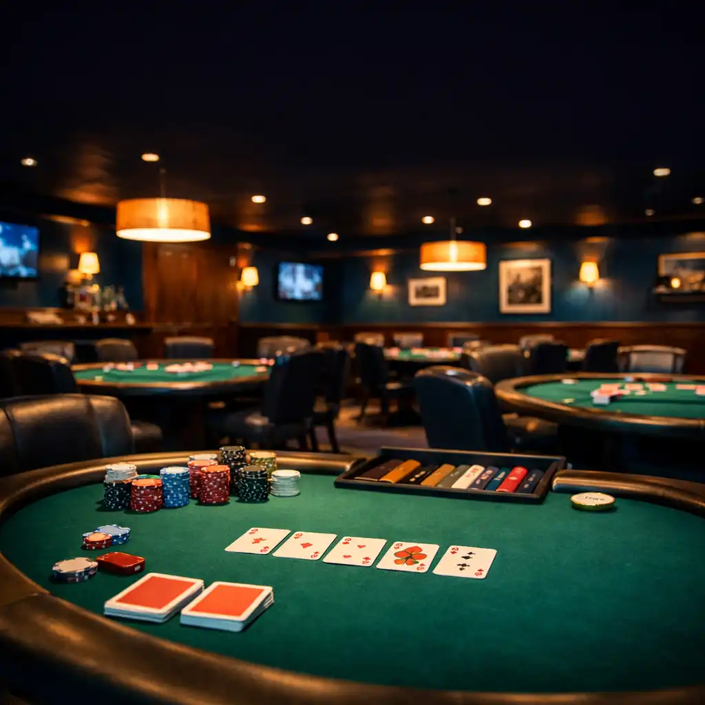 Wide-angle view of the Poker Dellballina poker room at night, with professional green felt tables, chips, and cards under warm lighting