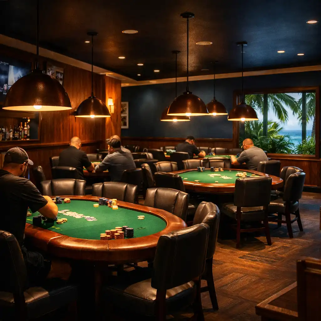 Interior of the Poker Dellballina poker room with professional poker tables, leather chairs, and warm pendant lighting