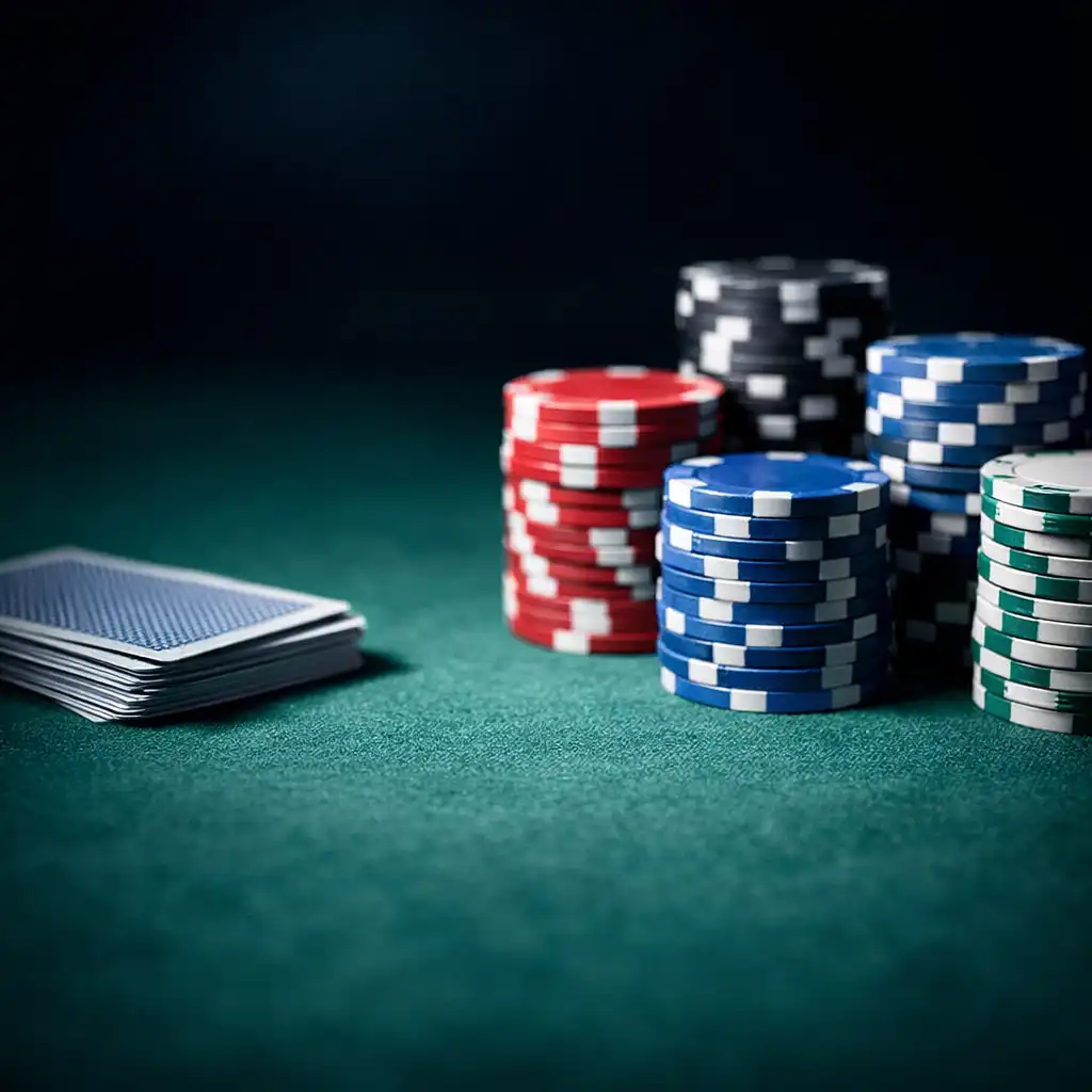 Close-up of a professional poker table surface showing green felt, face-down cards, and stacks of coloured chips