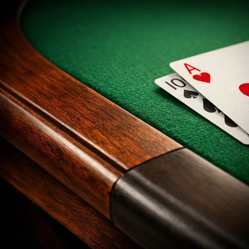 Close-up of a poker table edge showing dark timber frame and smooth green felt texture
