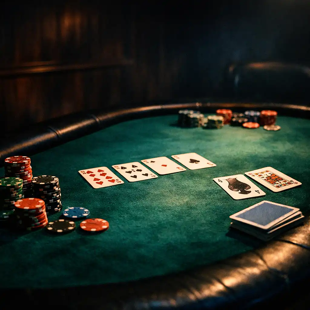 A dramatic low-light poker table with green felt, playing cards and chips, set in a dark card room