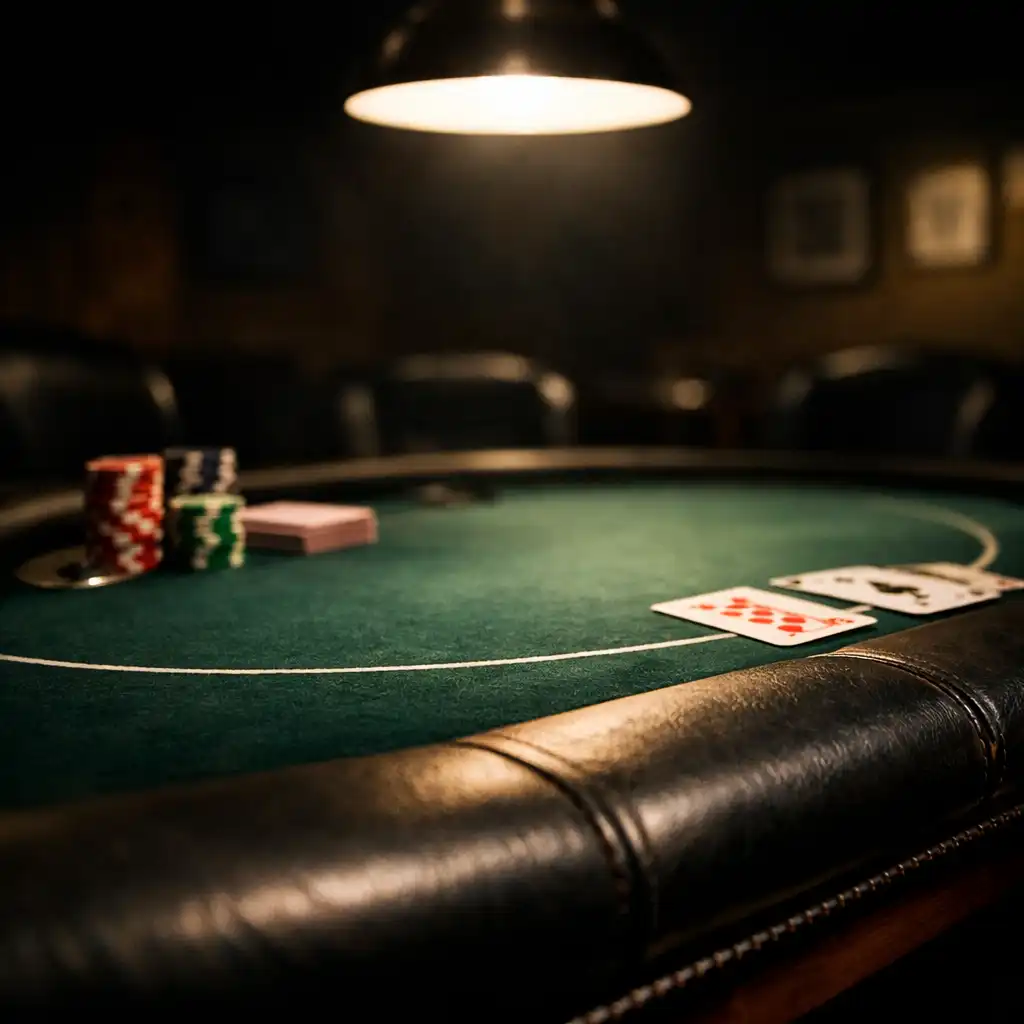 Low-angle view of a professional poker table with green felt and padded rail under a single warm overhead lamp
