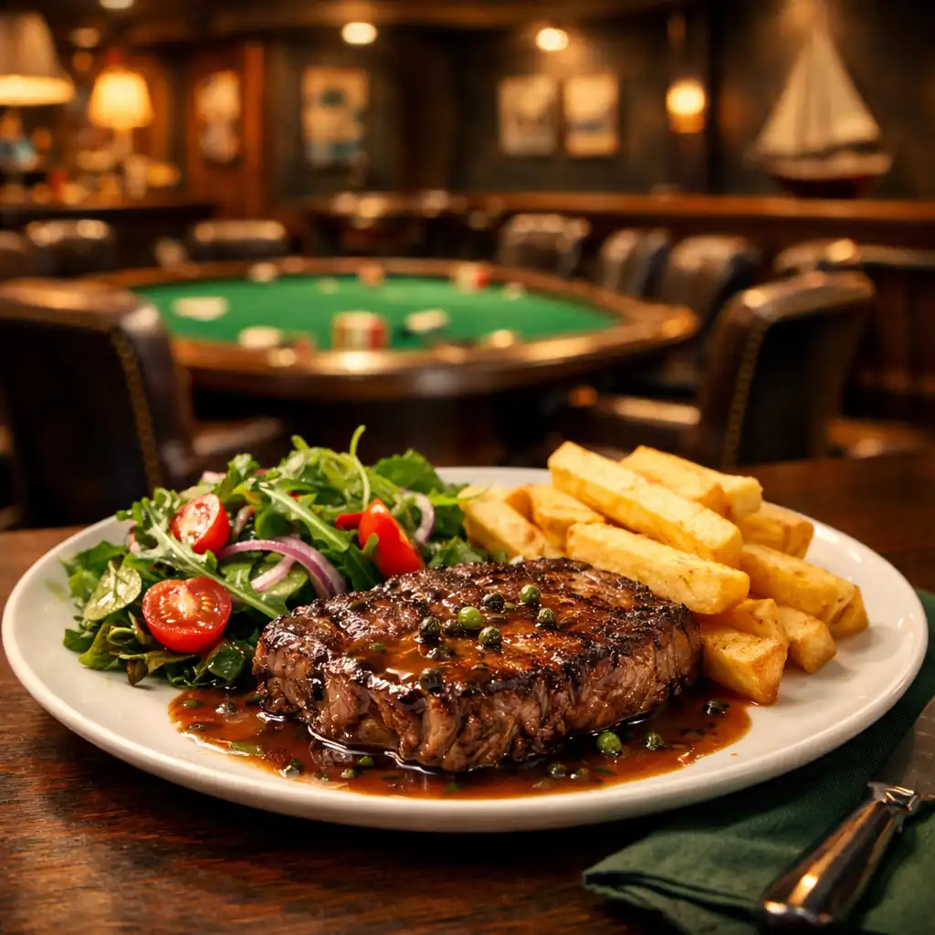 A plated steak with chips and salad on a dark wood table in the Poker Dellballina restaurant