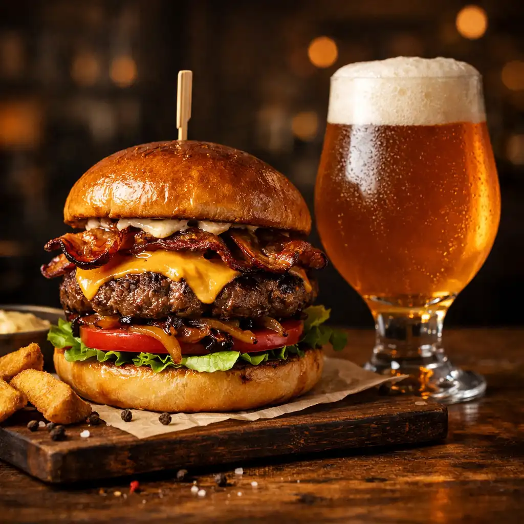 Gourmet burger and a glass of craft beer on a wooden table in a warm, dimly lit restaurant