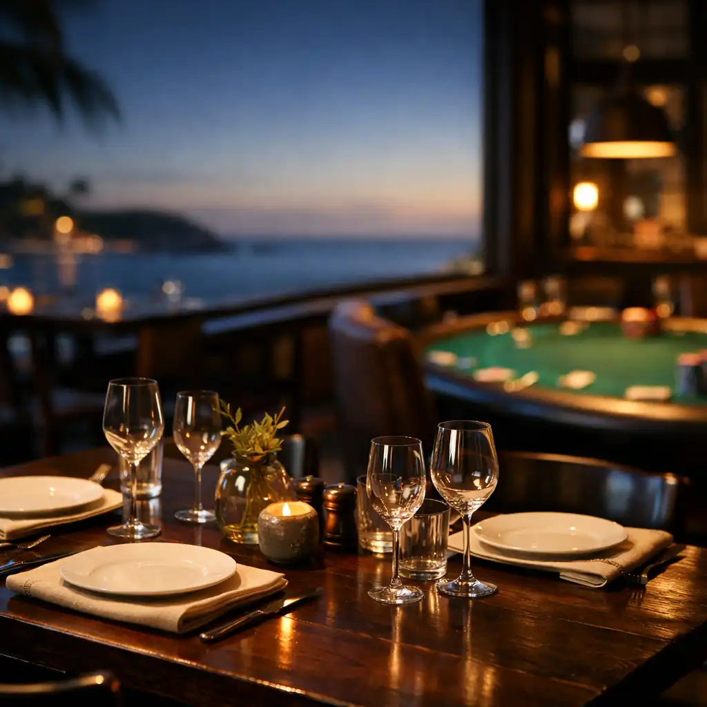 A coastal restaurant table set with dark timber, simple white plates, and soft evening light, with a subtle hint of the poker room in the background